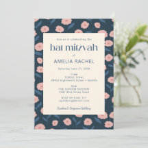 Modern Navy Blue Pink Boho Floral Bat Mitzvah RSVP