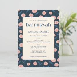Modern Navy Blue Pink Boho Floral Bat Mitzvah RSVP Kaart