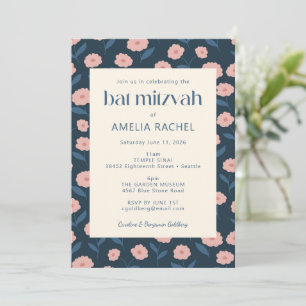 Modern Navy Blue Pink Boho Floral Bat Mitzvah RSVP Kaart