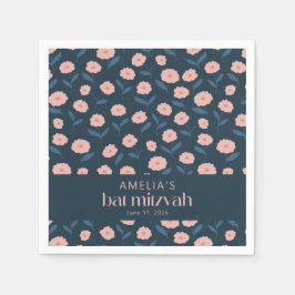 Modern Navy Blue Pink Boho Floral Bat Mitzvah Servet