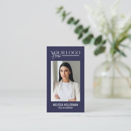 Modern Navy Blue Professionele QR Code Foto Logo Visitekaartje (Staand voorkant)