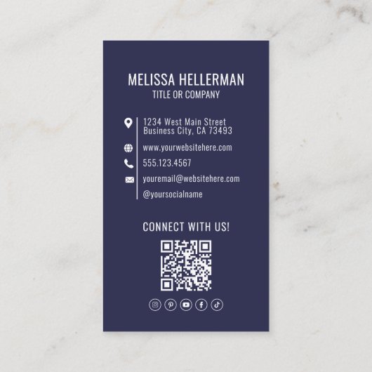 Modern Navy Blue Professionele QR Code Foto Logo Visitekaartje (Achterkant)