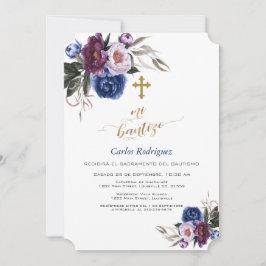 Modern Navy Blue Purple Flowers Boy Mi Bautizo Kaart