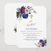 Modern Navy Blue Purple Flowers Boy Mi Bautizo Kaart (Voorkant / Achterkant)