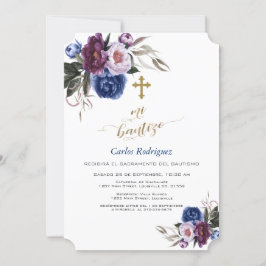 Modern Navy Blue Purple Flowers Boy Mi Bautizo Kaart
