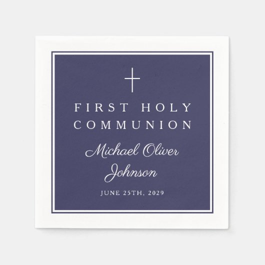 Modern Navy Blue Religious Boy First Communion Servet (Voorkant)