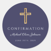 Modern Navy Blue Religious Cross Boy Confirmation Ronde Sticker (Voorkant)