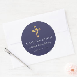 Modern Navy Blue Religious Cross Boy Confirmation Ronde Sticker