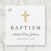 Modern Navy Blue Religious Cross Script Baptisme Bedankjes Labels (Voorkant)