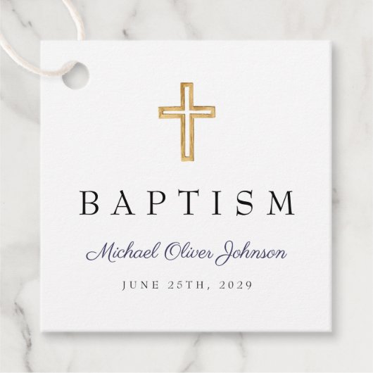 Modern Navy Blue Religious Cross Script Baptisme Bedankjes Labels (Voorkant)