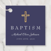 Modern Navy Blue Religious Cross Script Baptisme Bedankjes Labels (Voorkant)