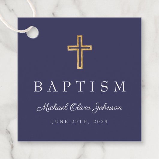 Modern Navy Blue Religious Cross Script Baptisme Bedankjes Labels (Voorkant)