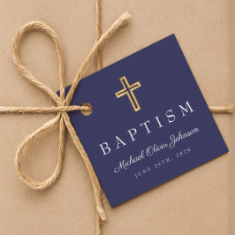 Modern Navy Blue Religious Cross Script Baptisme Bedankjes Labels