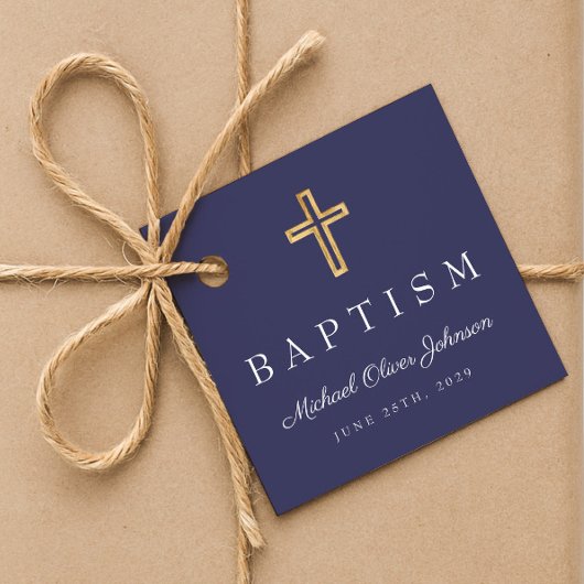 Modern Navy Blue Religious Cross Script Baptisme Bedankjes Labels