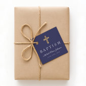 Modern Navy Blue Religious Cross Script Baptisme Bedankjes Labels