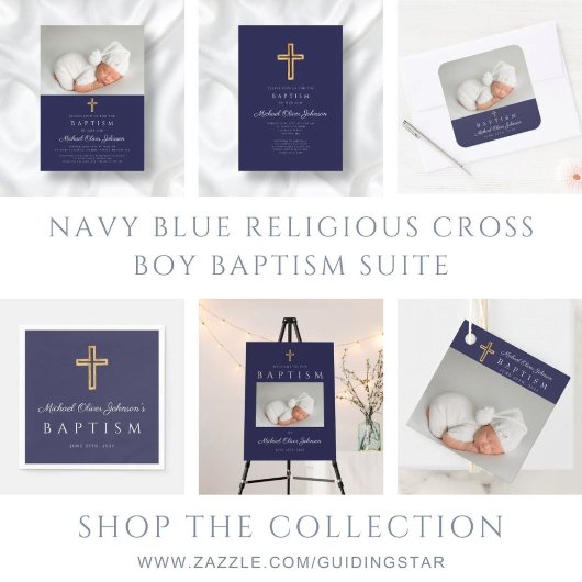 Modern Navy Blue Religious Cross Script Baptisme Bedankjes Labels