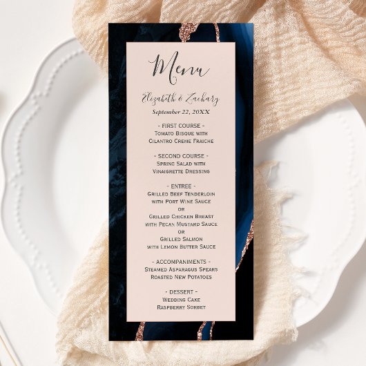 Modern Navy Blue Roos Gold Agaat Blush Bruiloft Menu
