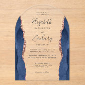 Modern Navy Blue Roos Gold Agaat Wedding Arch Acryl Uitnodigingen (Voorkant)