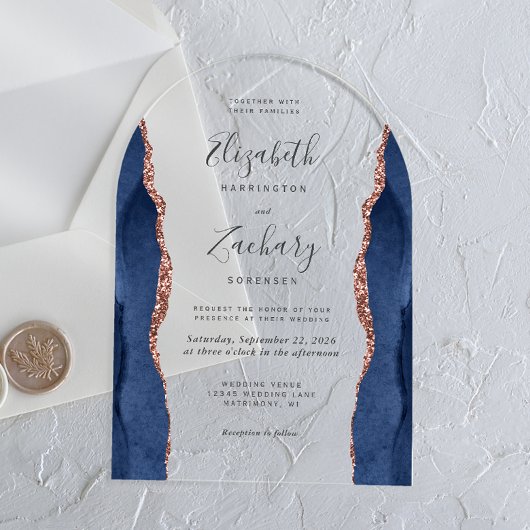 Modern Navy Blue Roos Gold Agaat Wedding Arch Acryl Uitnodigingen
