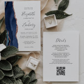 Modern Navy Blue Roos Gold Agate QR Code Wedding Kaart