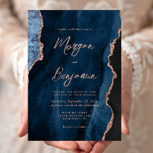 Modern Navy Blue Roos Gold Agate Script Wedding