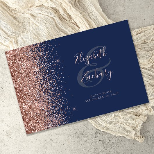 Modern Navy Blue Roos Goud Glitter Script Gastenboek