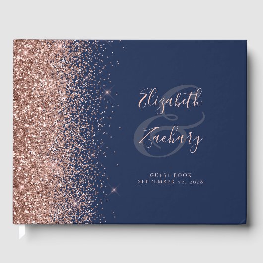 Modern Navy Blue Roos Goud Glitter Script Gastenboek (Voorkant)