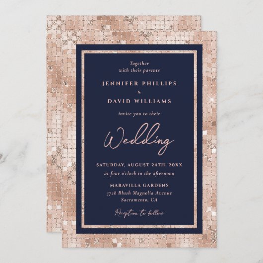 Modern Navy Blue Roos Goudfolie Glitter Bruiloft Kaart (Voorkant / Achterkant)