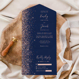 Modern Navy Blue Rose Gold Glitter Wedding All In One Uitnodiging