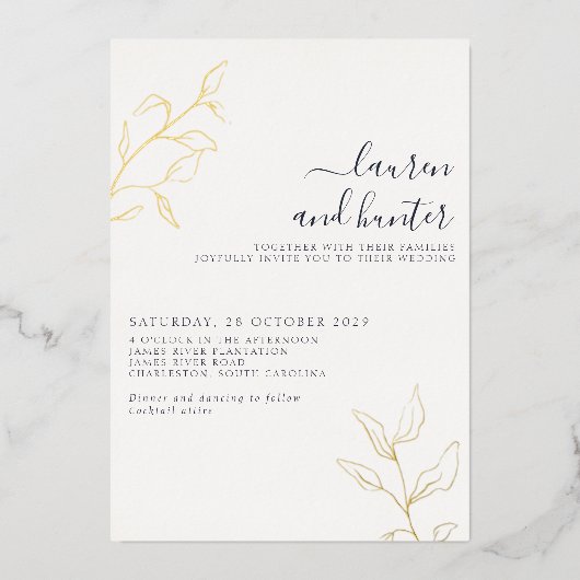 Modern Navy Blue Script Botanical Wedding Gold Folie Uitnodiging (Voorkant)