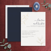 Modern Navy Blue Script Botanical Wedding Gold