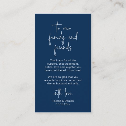Modern Navy Blue Script, bruiloft Dank je Informatiekaartje (Voorkant)