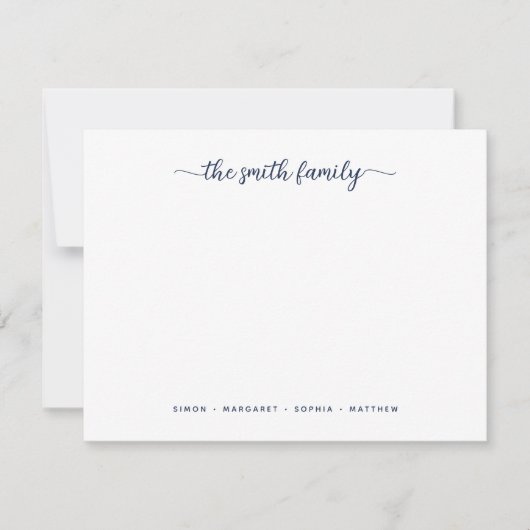 Modern Navy Blue Script Family Stationery Notitiekaartje (Voorkant)