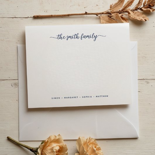 Modern Navy Blue Script Family Stationery Notitiekaartje