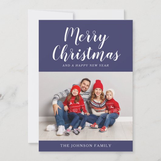 Modern Navy Blue Script Kerstfoto Feestdagenkaart (Voorkant)