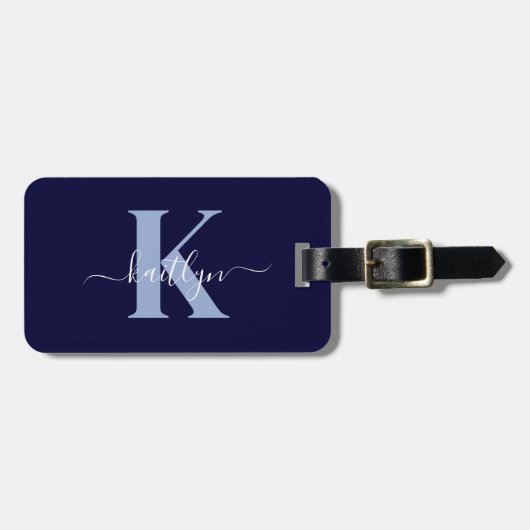 Modern Navy Blue Script Monogram Bagagelabel (Voorkant horizontaal)