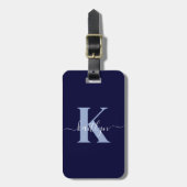 Modern Navy Blue Script Monogram Bagagelabel (Voorkant verticaal)