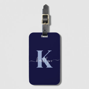 Modern Navy Blue Script Monogram Bagagelabel