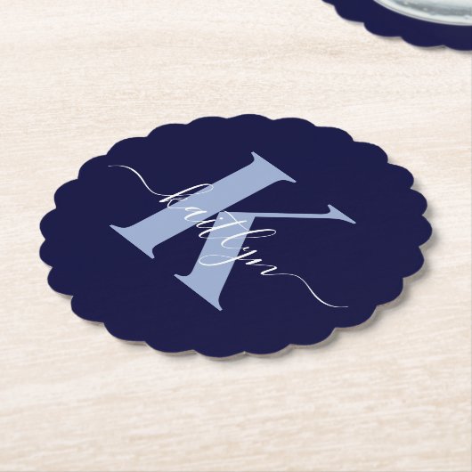 Modern Navy Blue Script Monogram Kartonnen Onderzetters (Gekanteld)