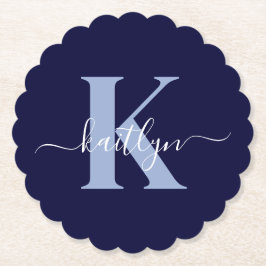 Modern Navy Blue Script Monogram Kartonnen Onderzetters