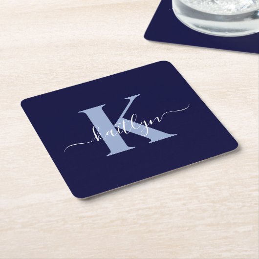 Modern Navy Blue Script Monogram Kartonnen Onderzetters (Schuin)