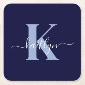 Modern Navy Blue Script Monogram Kartonnen Onderzetters (Voorkant)