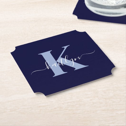 Modern Navy Blue Script Monogram Kartonnen Onderzetters (Gekanteld)
