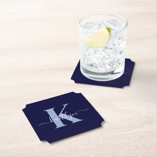 Modern Navy Blue Script Monogram Kartonnen Onderzetters (Insitu)