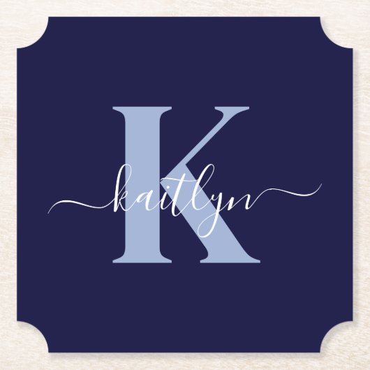 Modern Navy Blue Script Monogram Kartonnen Onderzetters (Voorkant)