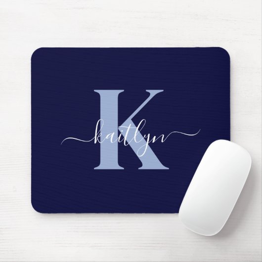 Modern Navy Blue Script Monogram Muismat (Met muis)