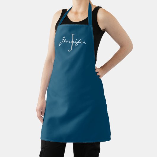 Modern Navy Blue Script Monogram op maat Schort (Insitu)