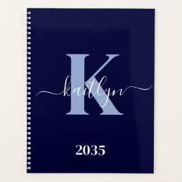 Modern Navy Blue Script Monogram Planner