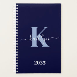 Modern Navy Blue Script Monogram Planner