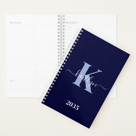 Modern Navy Blue Script Monogram Planner (Display)